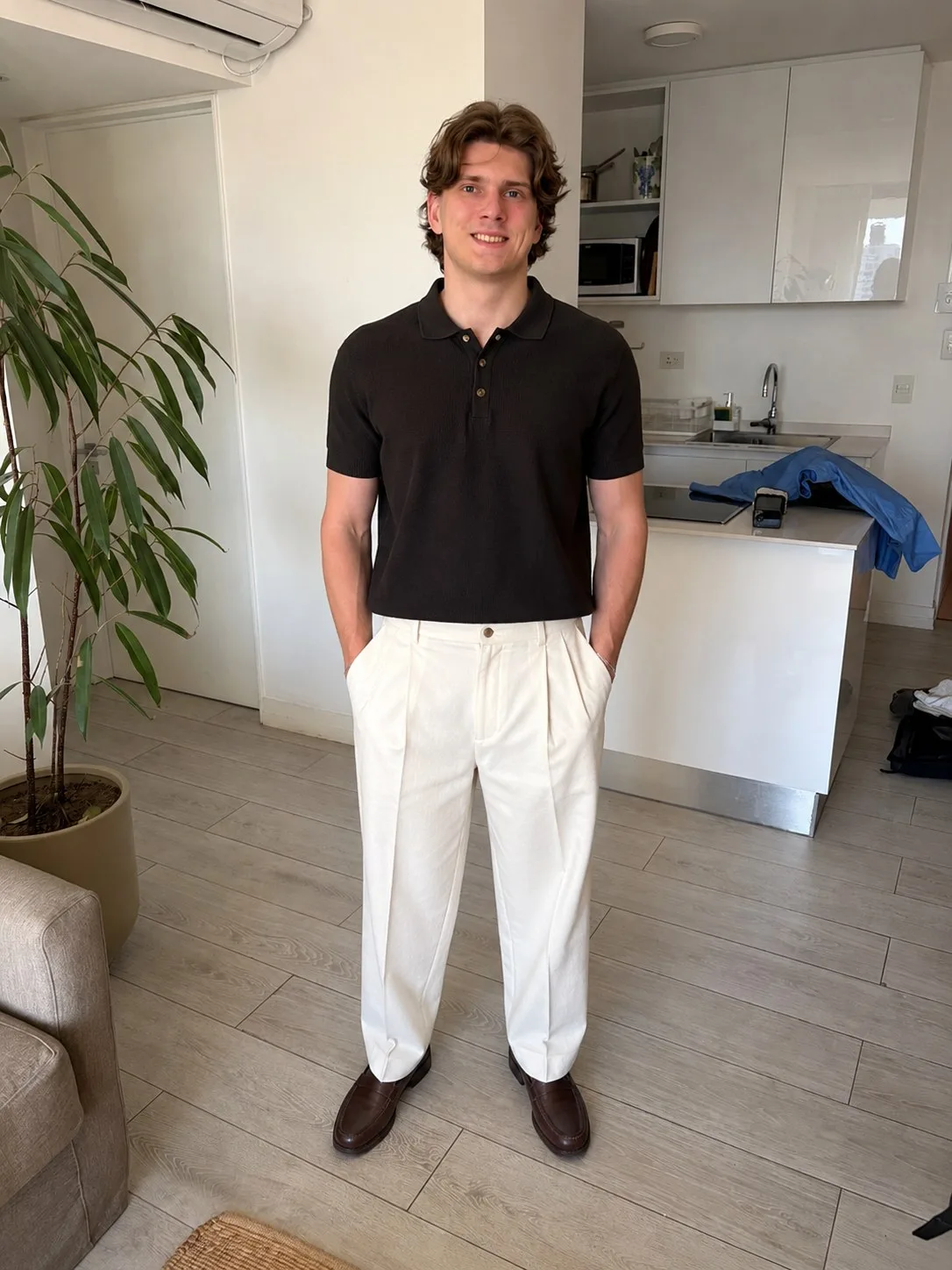 Look 1: Brown polo