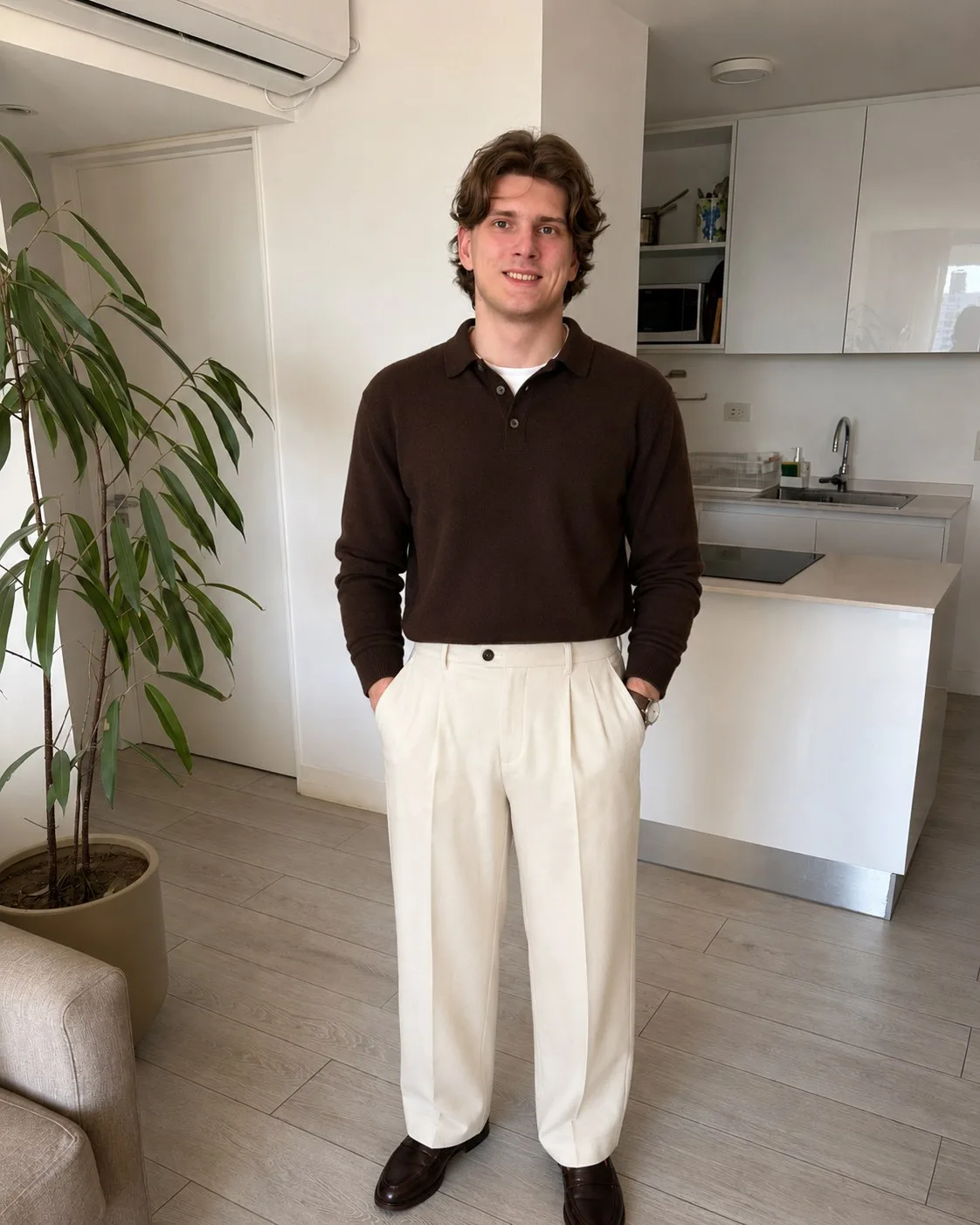 Look 6: Brown long-sleeve polo