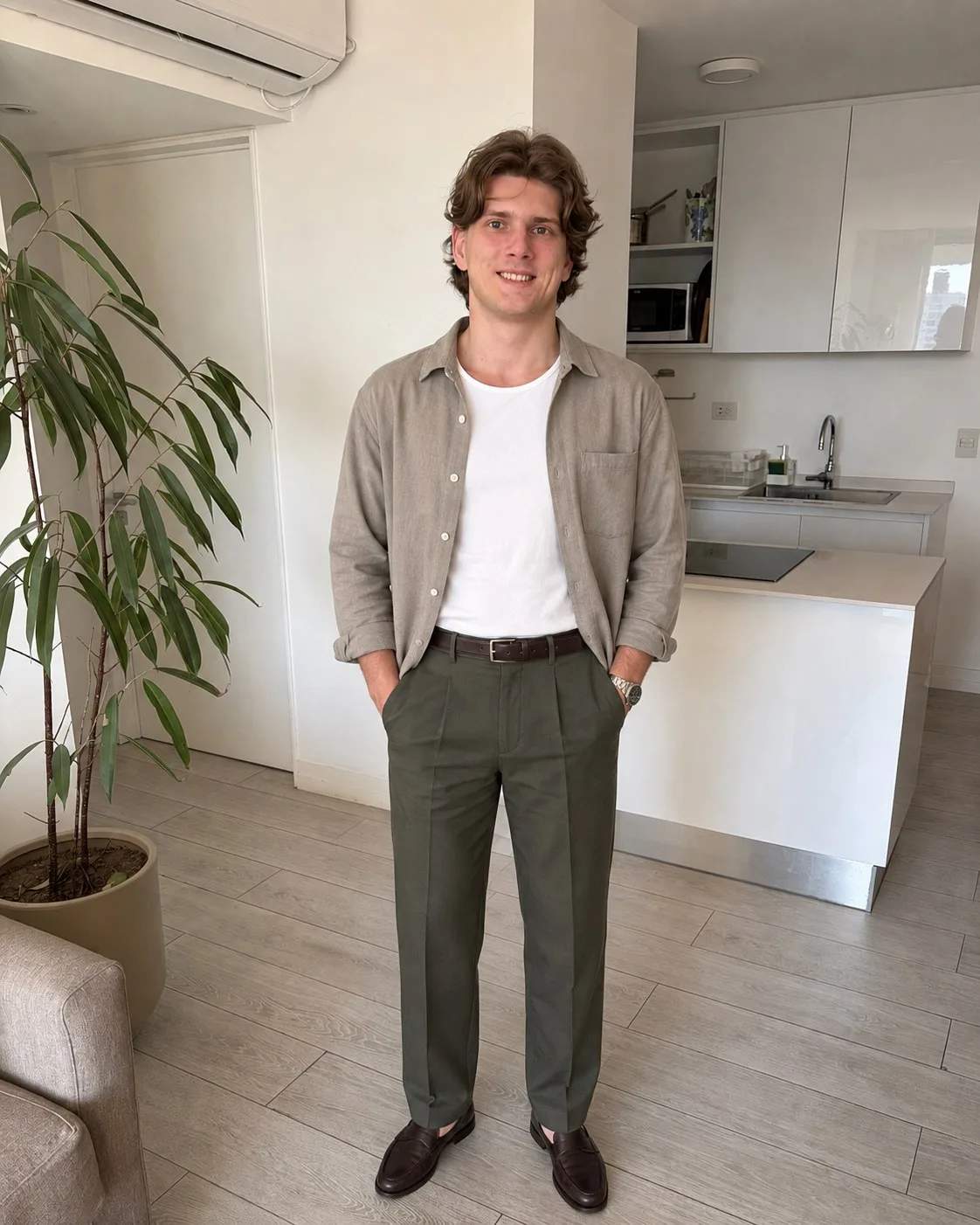 Look 12: Tan overshirt